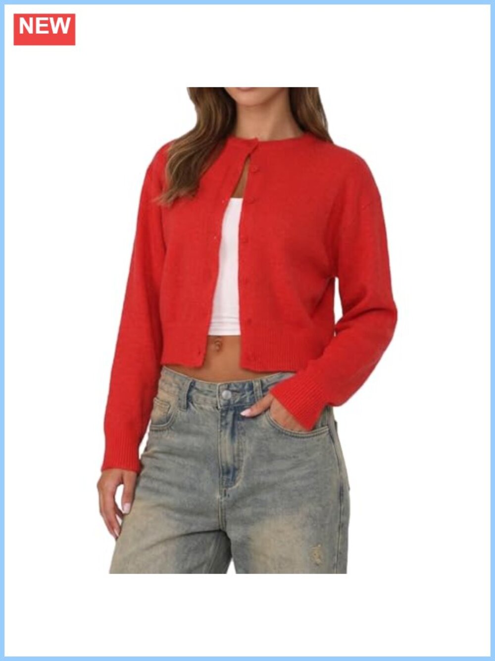 Y2K Button Front Crop Cardigan Crew Neck Long Sleeve Knit Fall Sweater